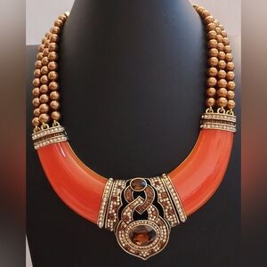 Heidi Daus "Make A Statement” Lucite & Rhinestone Bib Necklace Gold “Pearls”